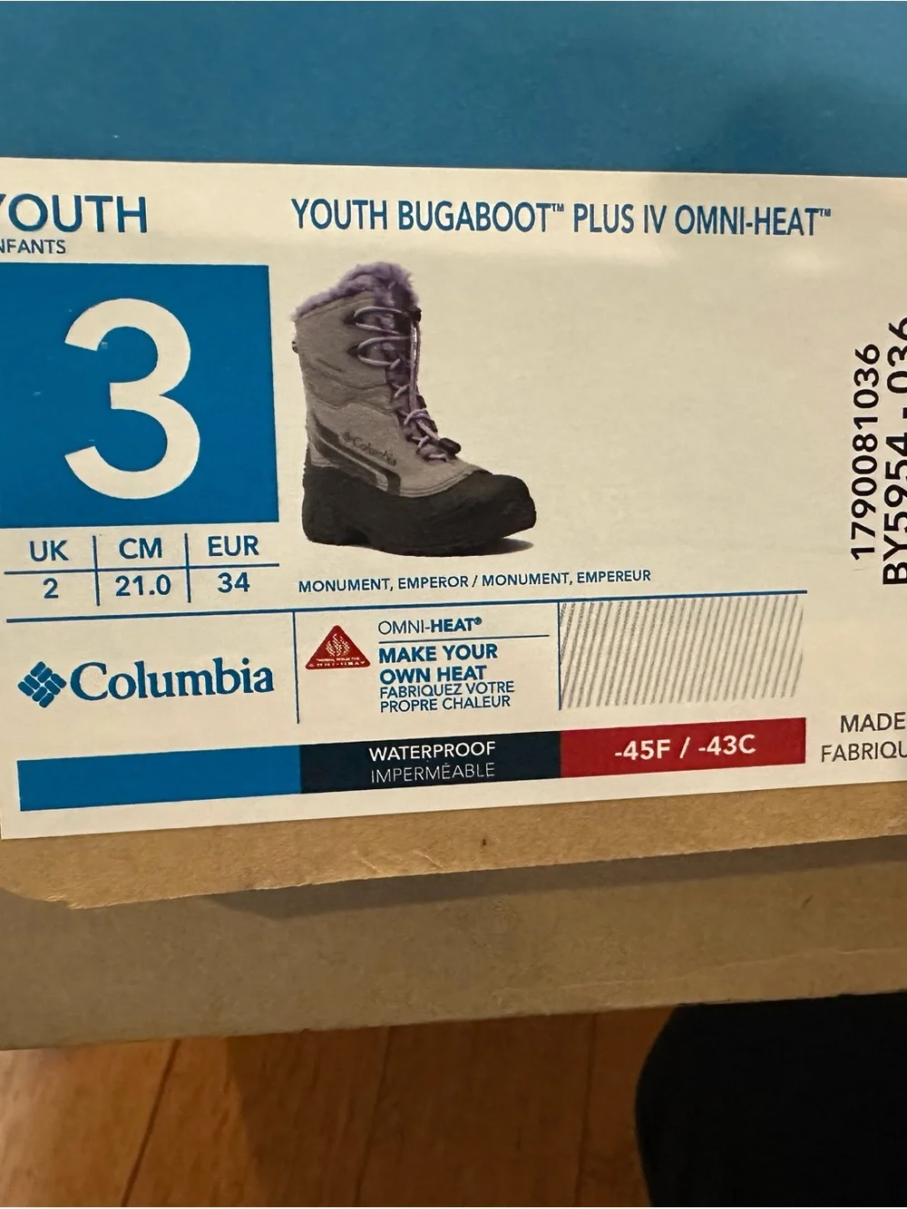 Columbia Youth Bugaboot plus IV omni- Heat Snow Boot in Gray with Purple Trim